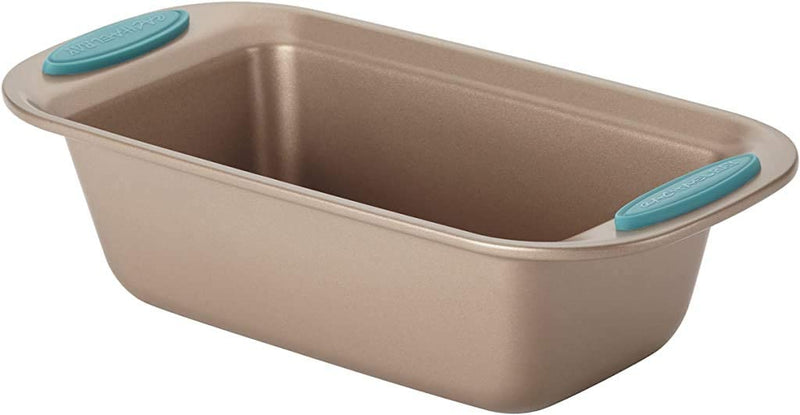 Rachael Ray Cucina Bakeware Oven Lovin' Nonstick Loaf Pan, 9-Inch by 5-Inch Steel Pan, Latte Brown with Agave Blue Handles