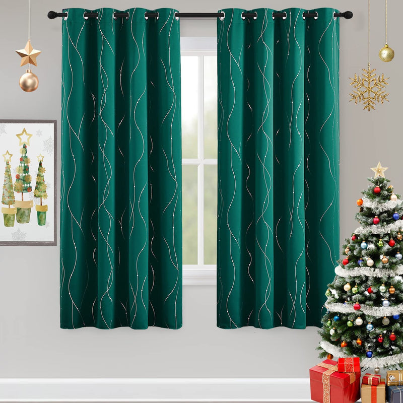 Stangh Set of 2 Printed Blackout Thermal Insulated Curtains for Kitchen, Grommet Foil Print Window Drapes with Silver Wave Line and Dots Design for Cafe Home Office, W52 X L45 Inch, Black, 2 Pieces Home & Garden > Decor > Window Treatments > Curtains & Drapes StangH Dark Green W52" x L63" 
