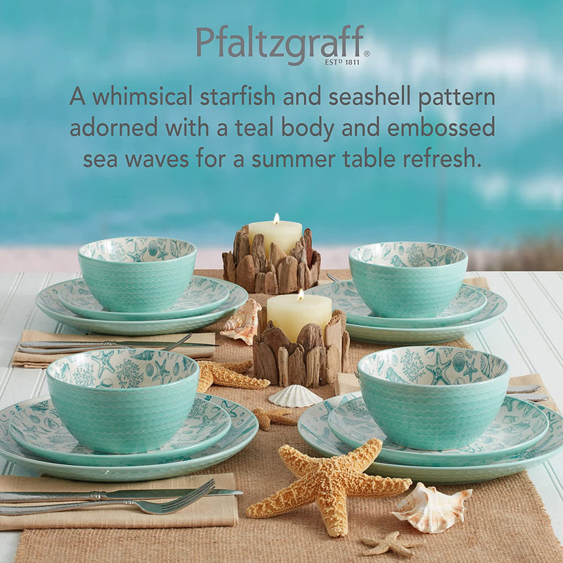 Pfaltzgraff Venice 16-Piece Stoneware Dinnerware Set, Service for 4, Aqua/White -