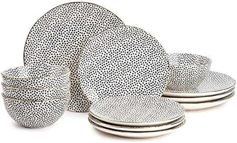 Thyme & Table Dinnerware Black White Medallion Stoneware, 12 Piece Set (Polka Dot), Polka Dots Home & Garden > Kitchen & Dining > Tableware > Dinnerware Thyme & Table   