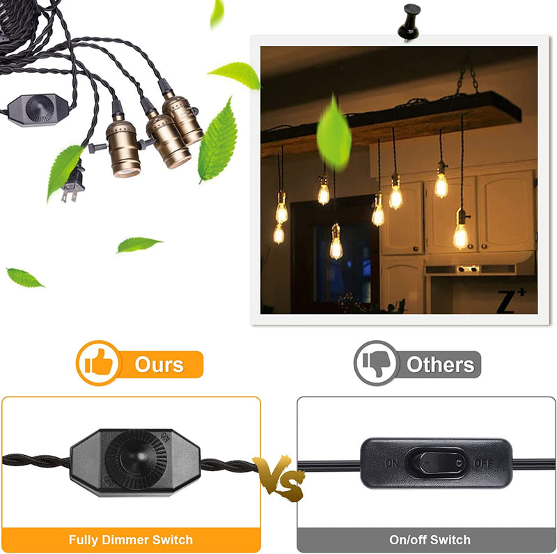 Seaside Village Vintage Pendant Light Kit Cord with Dimming Switch and Triple E26/E27 Industrial Light Socket Lamp Holder 25FT Twisted Black Cloth Bulb Cord Plug in Hanging Light Fixture Home & Garden > Lighting > Lighting Fixtures Seaside village   