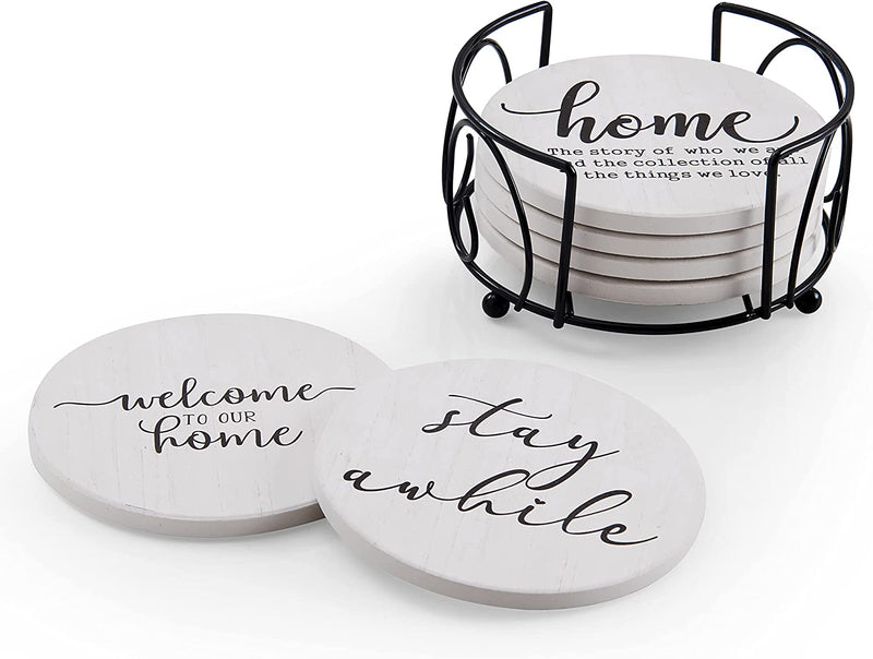 Hoomey Farmhouse Coasters for Drinks, Set of 6 Absorbent Coasters with Holder, Housewarming Gifts for New Home, Farmhouse Décor Home & Garden > Kitchen & Dining > Barware Hoomey Set of 6 White Farmhouse Coasters  
