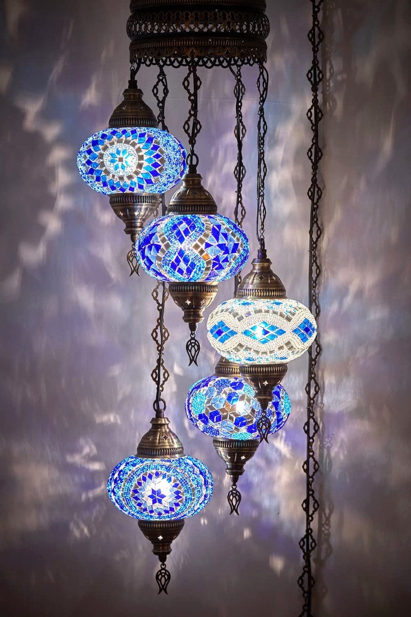 DEMMEX Turkish Moroccan Mosaic Plug in Swag Pendant Lamp Light Fixture Plugged Chandelier, US Plug with 15Feet Chain - Customizable Colors (6.5" X 5 Globe Chandelier)