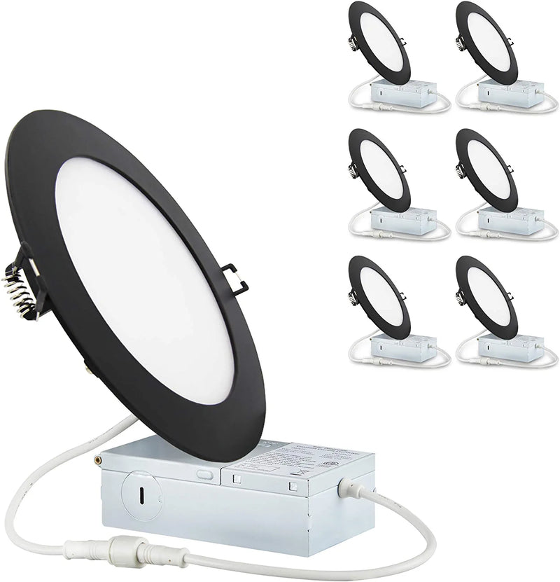 POPANU 6-Inch LED Recessed Slim Downlight Canless Ceilling Lights with Junction Box, IC Rated ETL 12W 1027Lm Dimmable LED Panel Light, Black Finish (Daylight (5000K), 6 Pack)