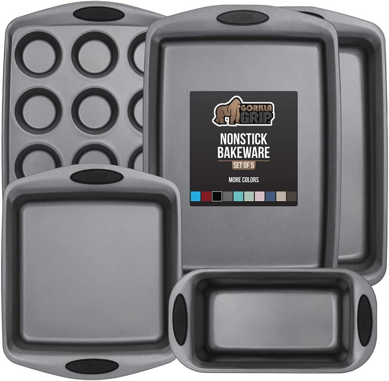 Gorilla Grip Nonstick, Heavy Duty, Carbon Steel Bakeware Sets, 4 Piece Kitchen Baking Set, Rust Resistant, Silicone Handles, 2 Large Cookie Sheets, 1 Roasting Pan and 1 Bread Loaf Pan, Turquoise Home & Garden > Kitchen & Dining > Cookware & Bakeware Hills Point Industries, LLC Black Bakeware Sets Set of 5