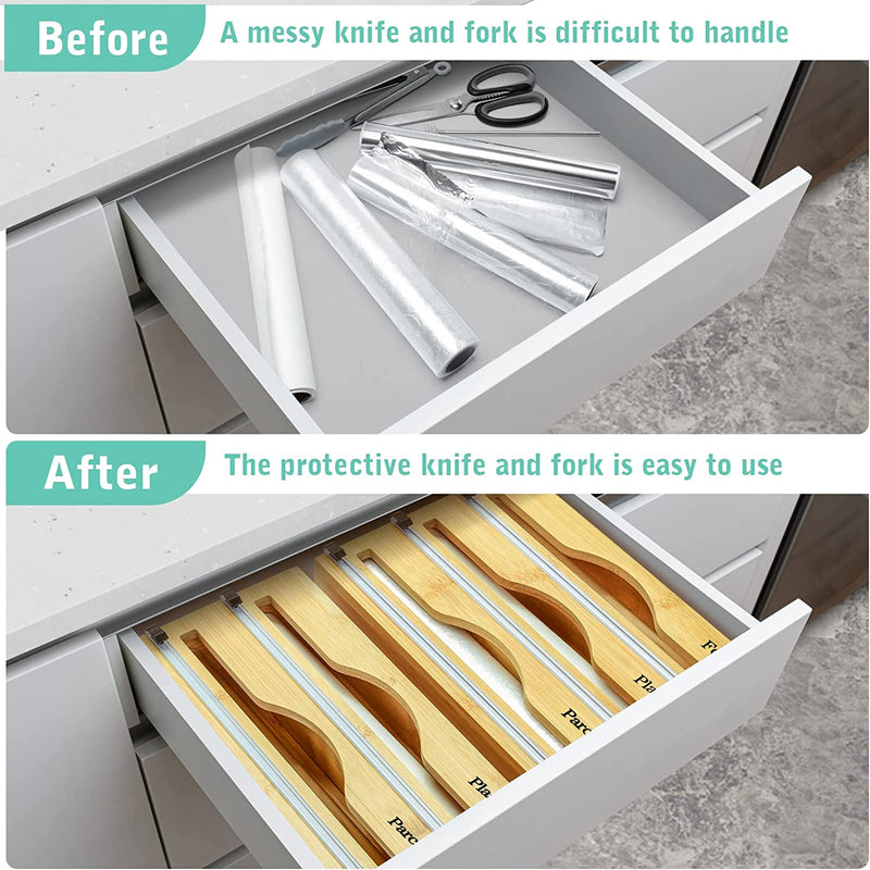 Plastic Wrap Dispenser with Cutter, 2 in 1 Bamboo Aluminum Foil Dispenser, Kitchen Wrap Organizer for Tin Foil, Wax and Parchement Paper, Compatible with 12" Roll (13.4"*5.8"*3" Inches)