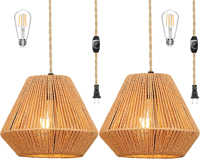 ZECOXOL Plug in Pendant Light Rattan Hanging Lights with Plug in Cord，Dimmable Switch,Hanging Lamp with Bamboo Woven Wicker Lamp Shade,Boho Plug in Ceiling Light Fixtures for Kitchen,Bedroom Home & Garden > Lighting > Lighting Fixtures ELY201 Woven=2Pack=7.5IN  