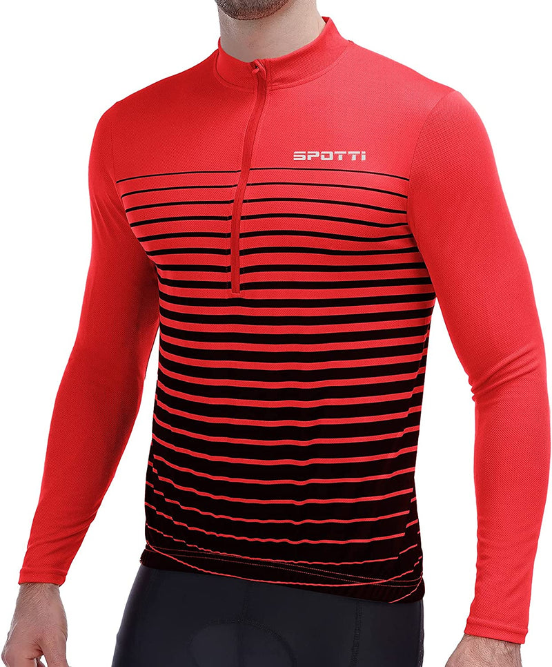 Spotti Men'S Cycling Bike Jersey Long Sleeve with 3 Rear Pockets - Moisture Wicking, Breathable, Quick Dry Biking Shirt Sporting Goods > Outdoor Recreation > Cycling > Cycling Apparel & Accessories Spotti Red Stripe Medium 