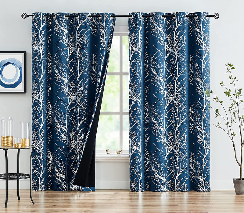 FMFUNCTEX Branch Grey Blackout Curtain Panels for Bedroom 84" Foil Gold Tree Branch Window Curtains Metallic Print Energy Efficient Thermal Curtain Drapes for Guest Living Room Grommet Top 2 Panels Home & Garden > Decor > Window Treatments > Curtains & Drapes FMFUNCTEX Silver /Navy Blue 50" x 84"L 