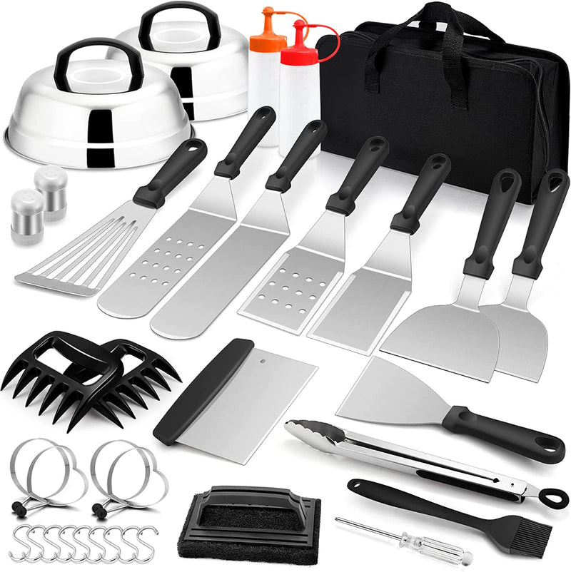 Joyfair 35Pcs Griddle Accessories Kit, Stainless Steel Outdoor BBQ Grill Tool Set with Melting Dome, Professional Heavy Duty Turner Spatula with Wooden Handle for Flattop Teppanyaki Camping Cooking Home & Garden > Kitchen & Dining > Kitchen Tools & Utensils Joyfair Black  