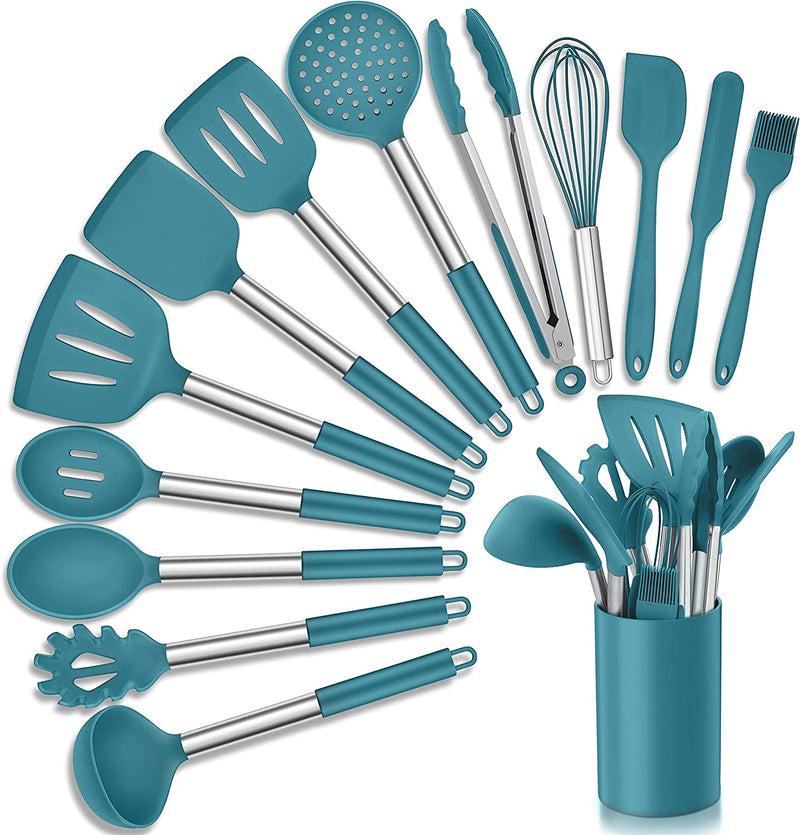Homikit 27 Pieces Silicone Cooking Utensils Set with Holder, Kitchen Utensil Sets for Nonstick Cookware, Black Kitchen Tools Spatula with Stainless Steel Handle, Heat Resistant Home & Garden > Kitchen & Dining > Kitchen Tools & Utensils Homikit Blue 14-Piece 