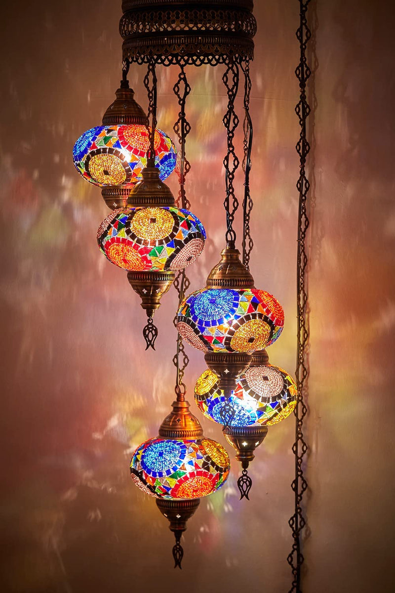 DEMMEX Swag Plug in Light, Turkish Moroccan Colorful Mosaic Wall Plug in Ceiling Hanging Light Chandelier Lighting with 15Feet Chain Cord & Plug, 5 Big Shades (Multi) Home & Garden > Lighting > Lighting Fixtures > Chandeliers DEMMEX Turkish Mix  