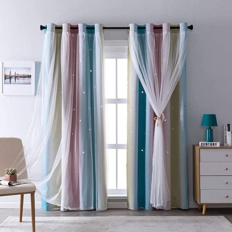 INDISTAR Star Blackout Curtains for Girls Kids Bedroom, Colourful Stripe Window Curtain Panels, 2 Layer Lace Drapes, Room Darkening Curtain for Living Room Decor, 2 Panels (Blue W52 X L63 Inch Home & Garden > Decor > Window Treatments > Curtains & Drapes Indistar Green/Pink 52"W x 95"L 