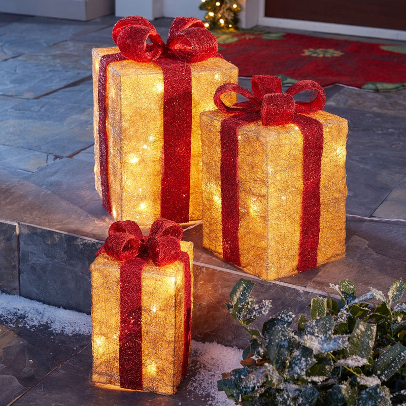 Pre-Lit Gift Boxes, Set of 3, Christmas Christmas Decoration Home & Garden > Decor > Seasonal & Holiday Decorations& Garden > Decor > Seasonal & Holiday Decorations BrylaneHome Red Gold  