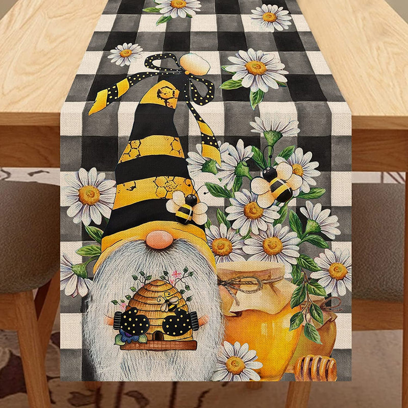 Seliem Spring Bee Gnome Table Runner, Honey Black White Buffalo Plaid Check Home Kitchen Dining Decor, Summer Seasonal Farmhouse Daisy Decorations Indoor Outdoor Anniversary Party Supply 13 X 72 Inch Home & Garden > Decor > Seasonal & Holiday Decorations Seliem 13''X108''  