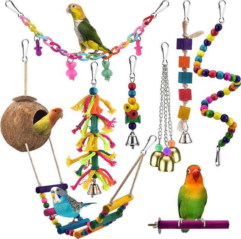 KATUMO Bird Toys, Natural Coconut Bird House with Colorful Ladder Hanging Chewing Toys Hammock Climbing Ladder Bird Colorful Toys with Bells for Parakeet, Conure, Cockatiel, Mynah, Love Birds, Finch