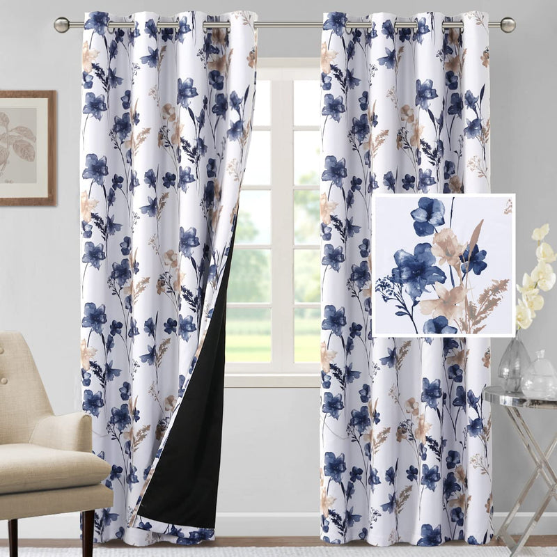 H.VERSAILTEX 100% Blackout Curtains 84 Inch Length 2 Panels Set Cattleya Floral Printed Drapes Leah Floral Thermal Curtains for Bedroom with Black Liner Sound Proof Curtains, Navy and Taupe Home & Garden > Decor > Window Treatments > Curtains & Drapes H.VERSAILTEX Navy/Taupe 52"W x 84"L 