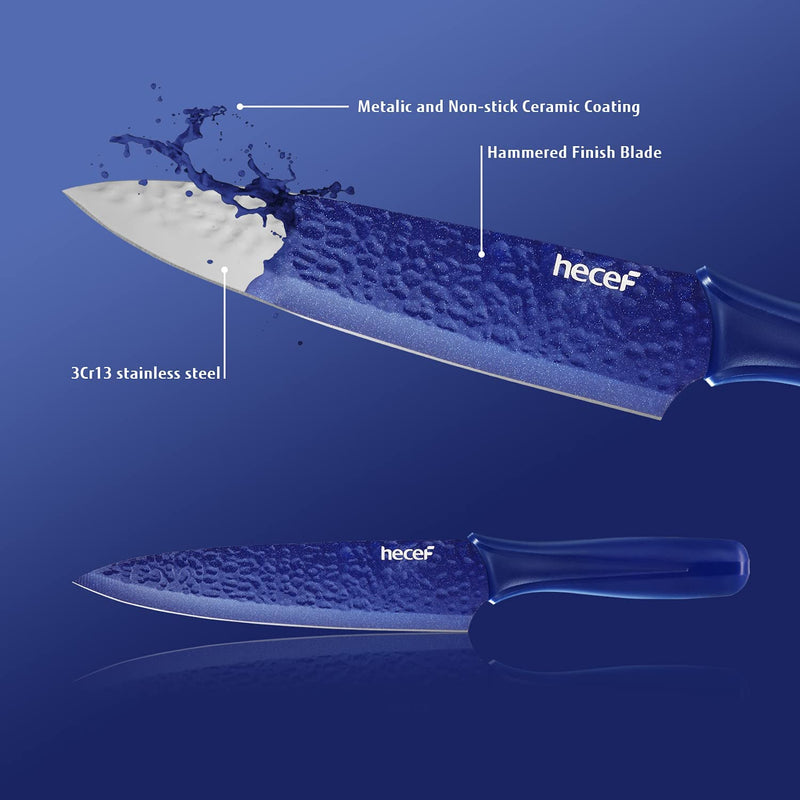 Hecef Galaxy Blue Kitchen Knife Set of 5, Non-Slip Metallic Ceramic Coated Chef Knife Set, Hammered Blade with Plastic Handle and Protective Blade Sheath Home & Garden > Kitchen & Dining > Kitchen Tools & Utensils > Kitchen Knives hecef   