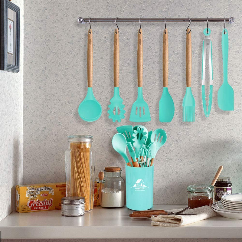 MIBOTE 17 Pcs Silicone Cooking Kitchen Utensils Set with Holder, Wooden Handles Cooking Tool BPA Free Turner Tongs Spatula Spoon Kitchen Gadgets Set for Nonstick Cookware (Teal)