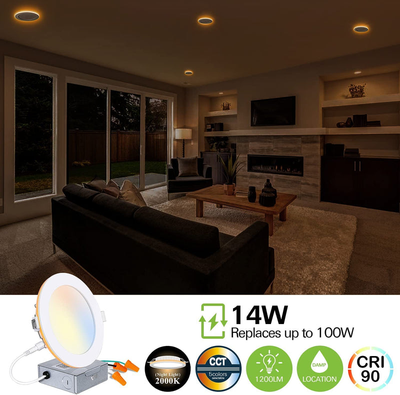 12 Pack 6 Inch LED Recessed Ceiling Light with Night Light, CRI90, 14W=100W, 1200Lm, 2700K/3000K/3500K/4000K/5000K Selectable, Dimmable Recessed Lighting, Can-Killer Downlight, J-Box Included Home & Garden > Lighting > Flood & Spot Lights hykolity   