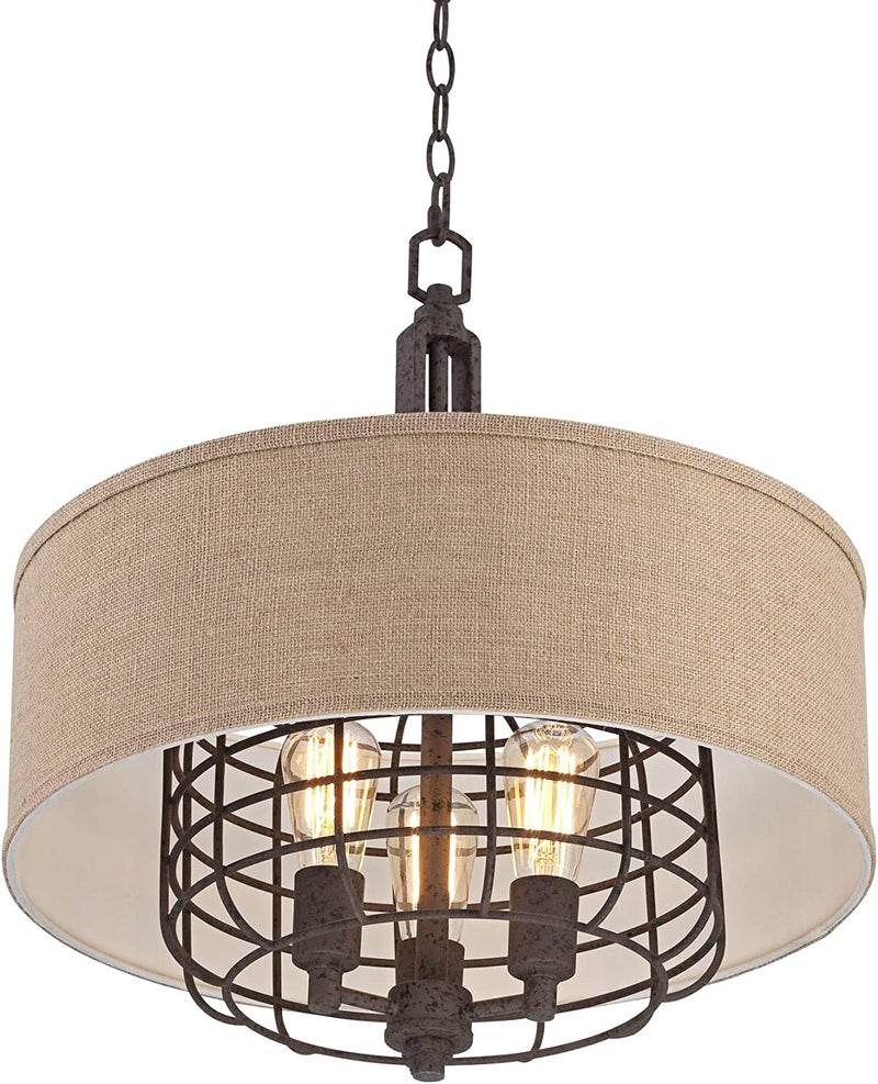 Franklin Iron Works Tremont Rust Cage Pendant Chandelier 20" Wide Industrial Rustic Tan Burlap Drum Shade 3-Light Fixture for Dining Room House Foyer Kitchen Island Entryway Bedroom Living Room Home & Garden > Lighting > Lighting Fixtures Franklin Iron Works   