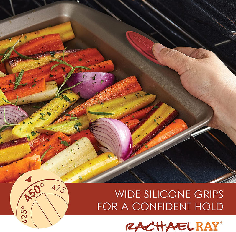 Rachael Ray Cucina Nonstick Bakeware Set with Grips, Nonstick Cookie Sheet / Baking Sheet with Crisper Pan - 2 Piece, Latte Brown with Cranberry Red Handle Grips Home & Garden > Kitchen & Dining > Cookware & Bakeware Rachael Ray   