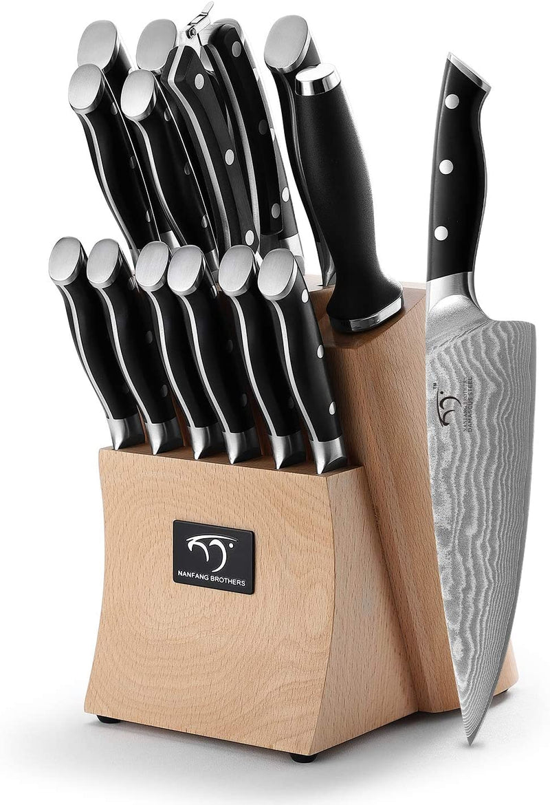 NANFANG BROTHERS Knife Set, 9-Piece Damascus Kitchen Knife Set with Block, ABS Ergonomic Handle for Chef Knife Set, Knife Sharpener and Kitchen Shears, Knife Block Set Home & Garden > Kitchen & Dining > Kitchen Tools & Utensils > Kitchen Knives NANFANG BROTHERS Black/Natural+ 15 Pieces 