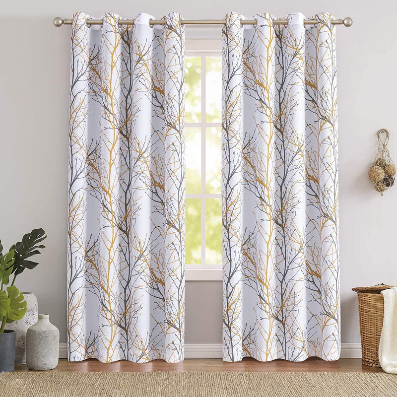 FMFUNCTEX White Tree Curtains for Bedroom 84Inch Half-Blackout Yellow Grey Print Branch Curtains for Living Room Window Treatment Set 50”W Grommet Top Set of 2 Home & Garden > Decor > Window Treatments > Curtains & Drapes FMFUNCTEX Yellow 50" x 96"L 