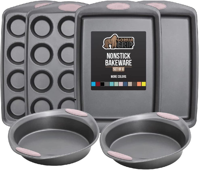 Gorilla Grip Nonstick, Heavy Duty, Carbon Steel Bakeware Sets, 4 Piece Kitchen Baking Set, Rust Resistant, Silicone Handles, 2 Large Cookie Sheets, 1 Roasting Pan and 1 Bread Loaf Pan, Turquoise Home & Garden > Kitchen & Dining > Cookware & Bakeware Hills Point Industries, LLC Pink Bakeware Sets Set of 6