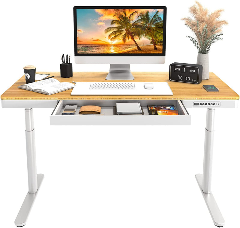 FLEXISPOT EW8 Comhar Electric Standing Desk with Drawers Charging USB a to C Port, Height Adjustable 48" Whole-Piece Quick Install Home Office Computer Laptop Table with Storage (White Top + Frame) Home & Garden > Household Supplies > Storage & Organization FLEXISPOT Bamboo/White Bamboo w/ Wireless charging 
