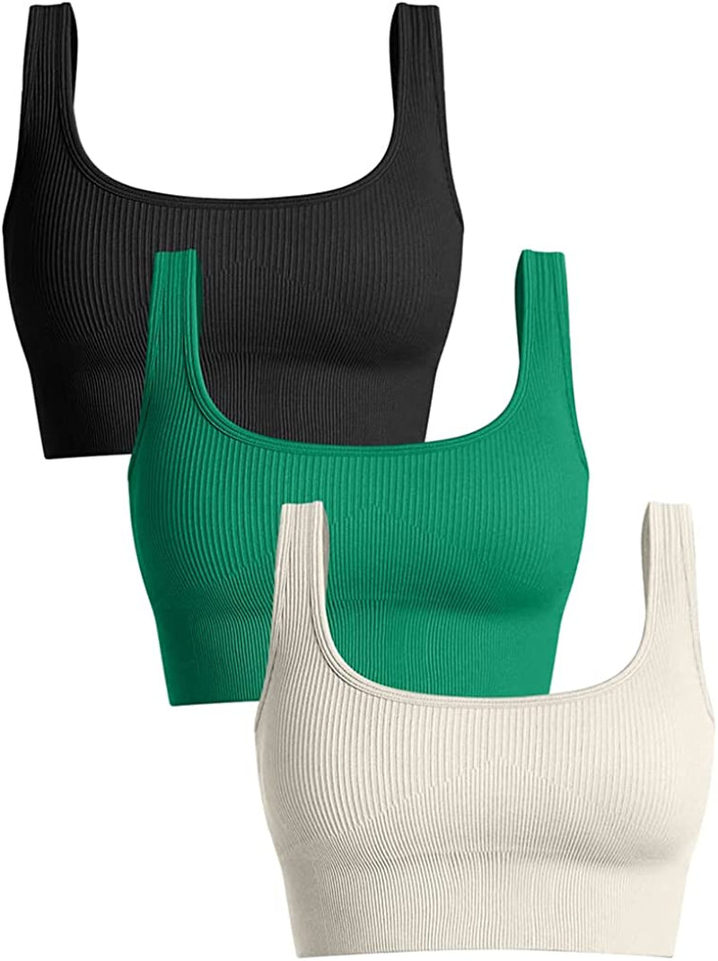 OQQ Women'S 3 Piece Medium Support Tank Top Ribbed Seamless Removable Cups Workout Exercise Sport Bra Sporting Goods > Outdoor Recreation > Winter Sports & Activities OQQ Black Green1 Beige Medium 