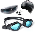 DREAM&GLAMOUR Swim Goggles Swimming Cap Set anti Fog No Leaking Full Protection Adult Men Women Youth Sporting Goods > Outdoor Recreation > Boating & Water Sports > Swimming > Swim Goggles & Masks DREAM&GLAMOUR Black-mirrored Blue  