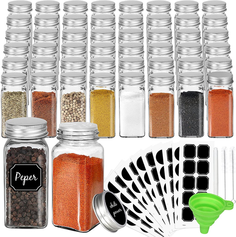 Cyclemore 48 Pack 4Oz Glass Spice Jars Bottles, Square Spice Containers with Silver Metal Caps and Pour/Sift Shaker Lid-80Pcs Black Labels,1Pcs Silicone Collapsible Funnel and 2Pcs Brush Included Home & Garden > Decor > Decorative Jars CycleMore   