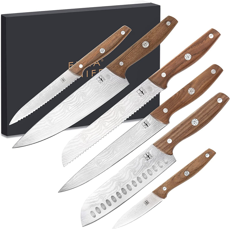 EUNA 5 PCS Kitchen Knife Set with Multiple Sizes, [Ultra-Sharp] Chef Cooking Knives with Sheaths and Gift Box, Chef Knife Set for Professional Multipurpose Cooking with Ergonomic Handle