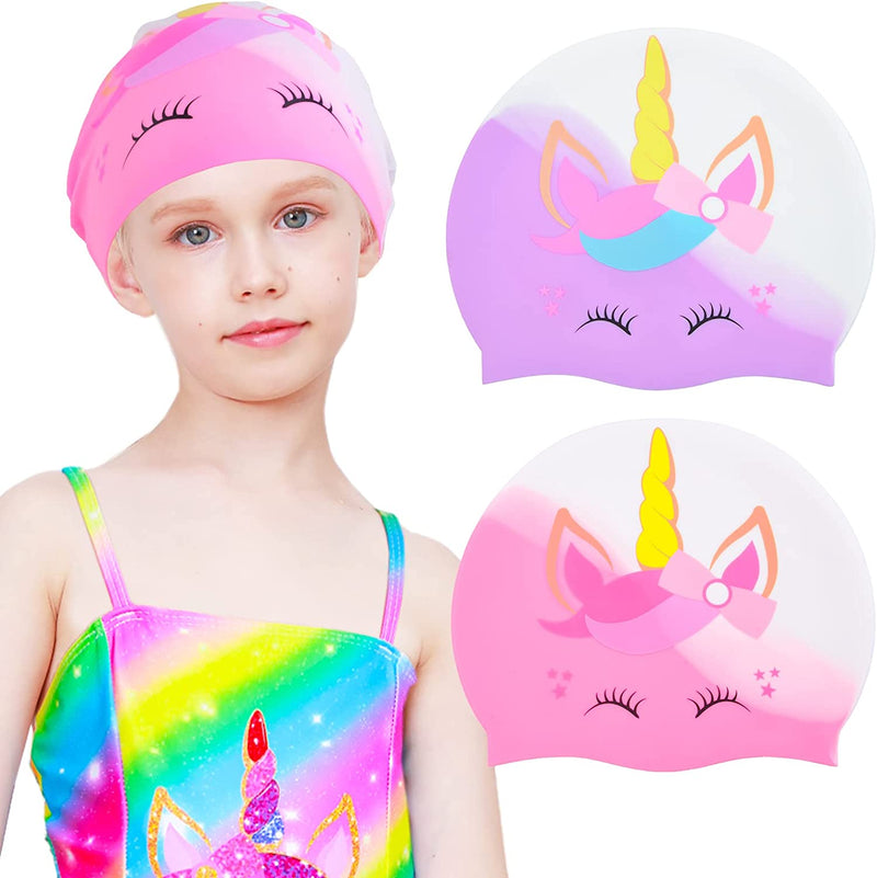 Sylfairy 2 Pcs Kids Swim Cap Silicone Swimming Cap for Boys Girls (Age 2-6) Cover Ears Waterproof Bathing Cap Keep Hair Dry Swimming Hat for Hair Sporting Goods > Outdoor Recreation > Boating & Water Sports > Swimming > Swim Caps Sylfairy Pink+Purple 2-6 Years 