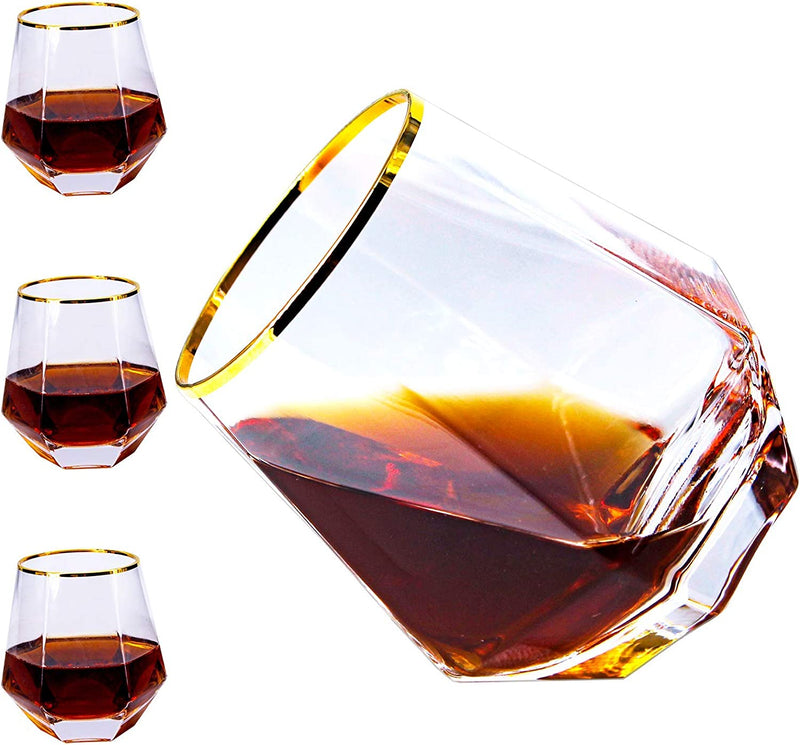 Diamond Whiskey Glasses, Set of 4 Rocks Glasses Gold Banded Cocktail Drinkware for Rum, Scotch, Bourbon or Wine Glasses, Tumblers Old Fashion Elegant Glass Father'S Day Gift for Dad Husband Men Family Home & Garden > Kitchen & Dining > Tableware > Drinkware MOJELO   