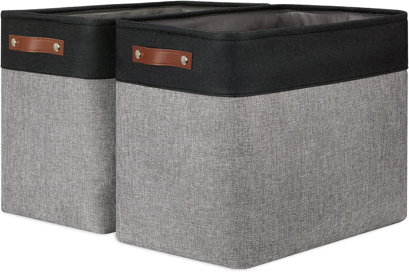 DULLEMELO Storage Bins 16"X12"X12" with Leather Handles for Organizing,Decorative Collapsible Storage Baskets for Shelves Closet Home Office (Black&Grey) Home & Garden > Household Supplies > Storage & Organization DULLEMELO Black&Grey Large-17"x12"x15" 