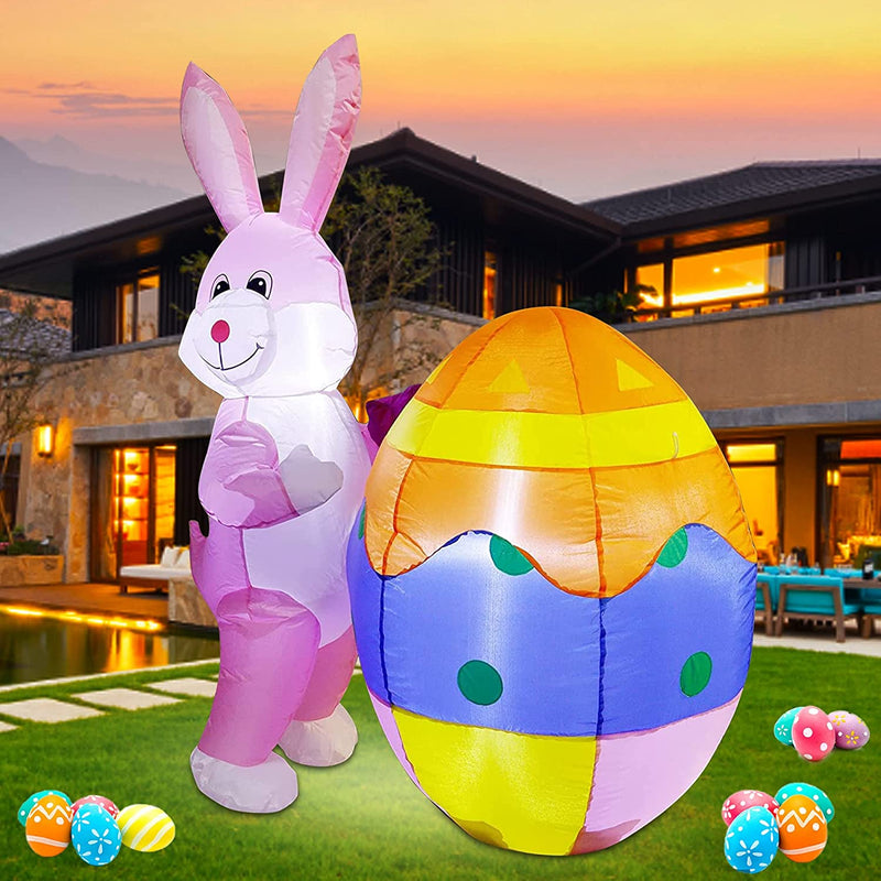 Liooty 4 FT Lighted Inflatable Easter Bunny with Egg, Easter Blow up Rabbit with Built-In Leds, Perfect Outdoor Holiday Decorations for Patio Yard Party