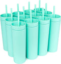 SKINNY TUMBLERS (12 Pack) Matte Pastel Colored Acrylic Tumblers with Lids and Straws | 16Oz Double Wall Plastic Tumblers with FREE Straw Cleaner! Reusable Cup with Straw | Vinyl DIY Gifts (Black)
