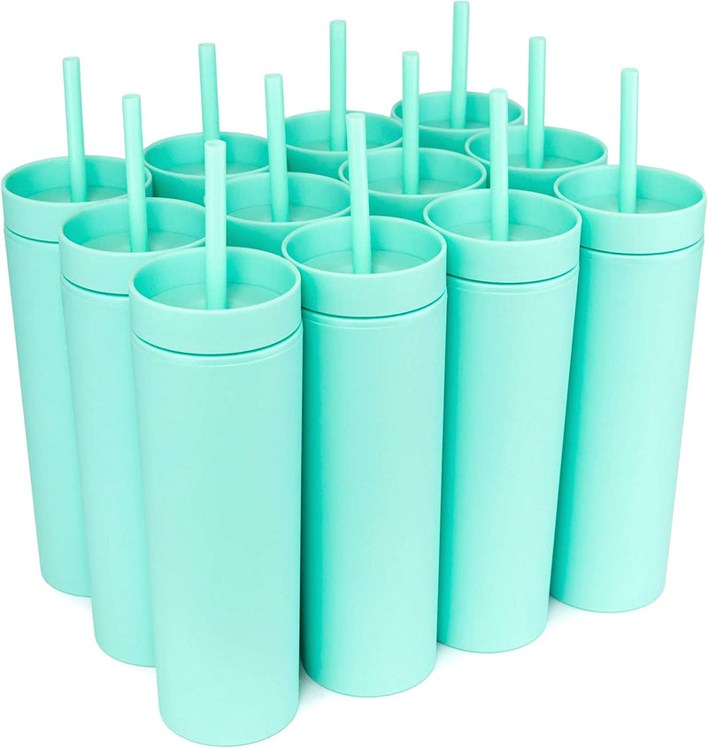 SKINNY TUMBLERS (12 Pack) Matte Pastel Colored Acrylic Tumblers with Lids and Straws | 16Oz Double Wall Plastic Tumblers with FREE Straw Cleaner! Reusable Cup with Straw | Vinyl DIY Gifts (Black) Home & Garden > Kitchen & Dining > Tableware > Drinkware STRATA CUPS Seafoam  