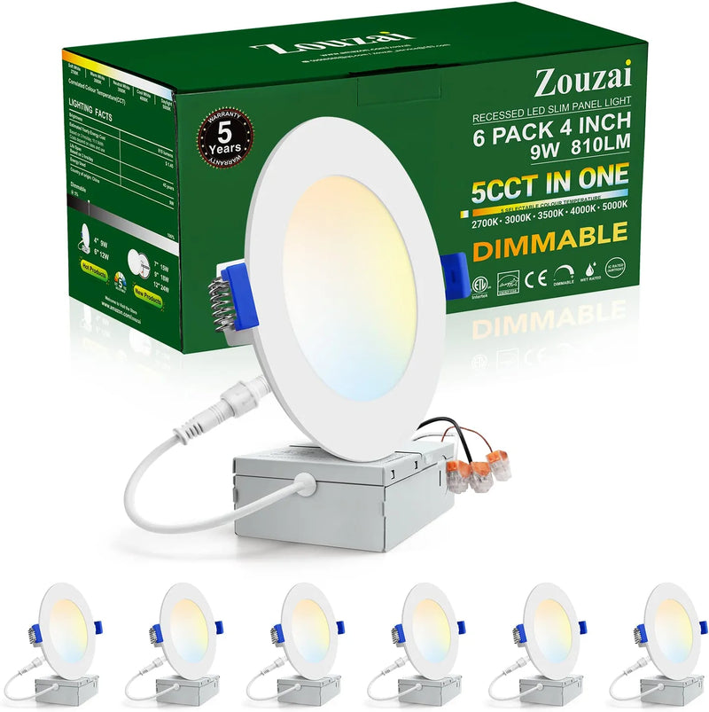 Zouzai 12 Pack 6 Inch 5CCT Ultra-Thin LED Recessed Ceiling Light with Junction Box, 2700K-5000K Selectable, Dimmable Led Downlight，13W Eqv 120W, Led Can Lights- ETL Home & Garden > Lighting > Flood & Spot Lights zouzai 6 Pack 5CCT 4 Inch 