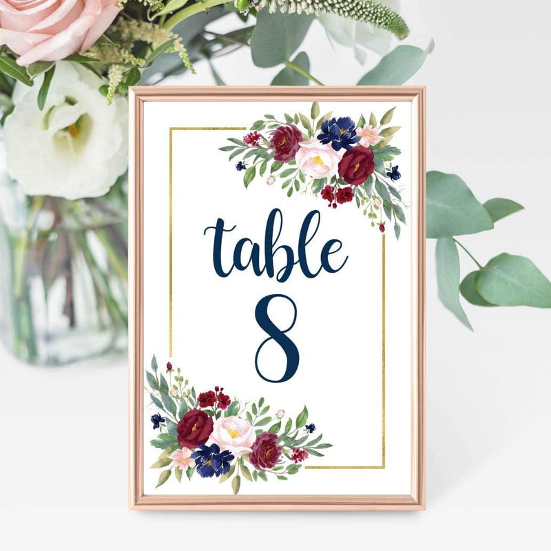 1-25 Burgundy Floral Table Number Double Sided Signs for Wedding Reception, Restaurant Birthday Party Set Calligraphy Printed Numbered Card Centerpiece Decoration Setting Reusable Frame Stand 4X6 Size