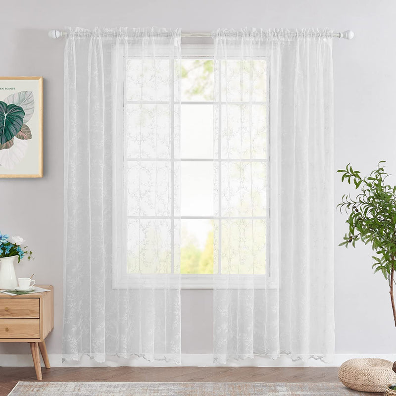 Topick White Sheer Curtains Embroidered Floral Window Drapes for Living Room Bedroom 84 Inch Length Country Scalloped Voile Mesh Light Diffusing Off-White Tulle Curtain Set of 2 Panels Rod Pocket Home & Garden > Decor > Window Treatments > Curtains & Drapes Topick   