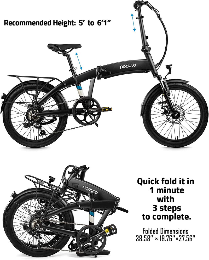 Populo 20'' Folding Electric Bike for Adults, 250W 36V Electric Bicycle with Removable Battery, Lightweight Aluminum Ebike with Suspension Fork, Lights & Rear Rack Included, USB Charge.… Sporting Goods > Outdoor Recreation > Cycling > Bicycles POPULO   
