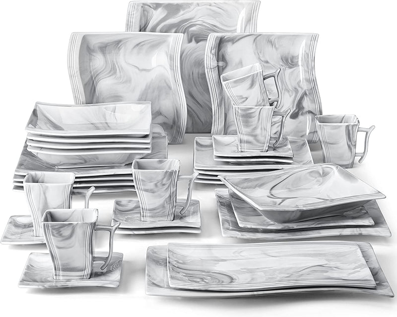 MALACASA Square Dinnerware Sets, 30 Piece Marble Grey Dish Set for 6, Porcelain Dishes Dinner Set with Plates and Bowls, Cups and Saucers, Dinnerware Plate Set Microwave Safe, Series Blance Home & Garden > Kitchen & Dining > Tableware > Dinnerware MALACASA FLORA 32 Piece (Service for 6) 