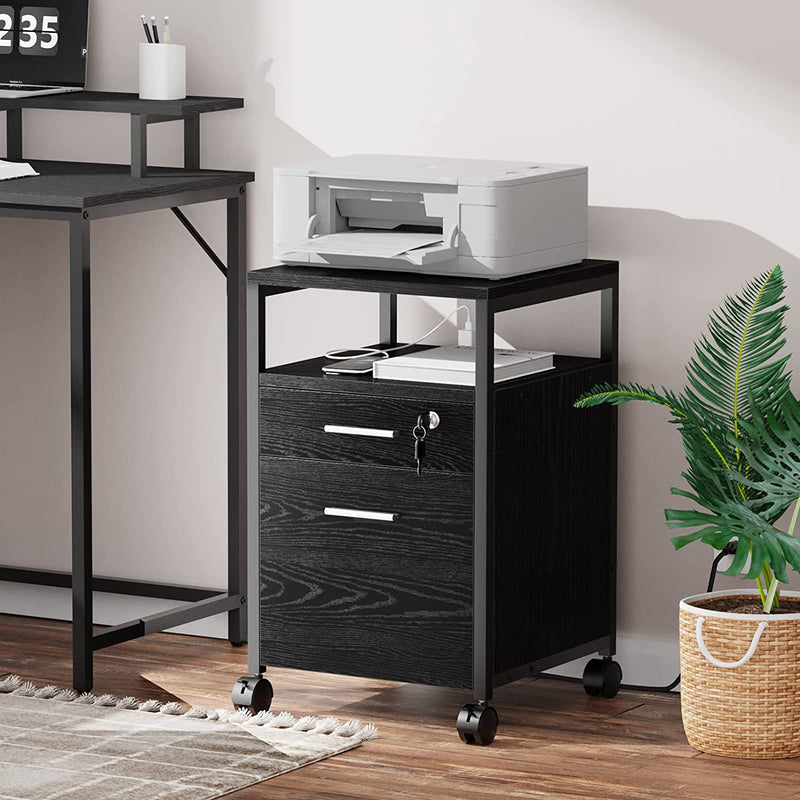 SUPERJARE File Cabinet with Lock & Charging Station, 2 Drawers Rolling Filing Cabinet, Office File Cabinet with Wheels & Open Shelf, for Home Office, A4/Letter Size Files under Desk - Black Home & Garden > Household Supplies > Storage & Organization SUPERJARE   