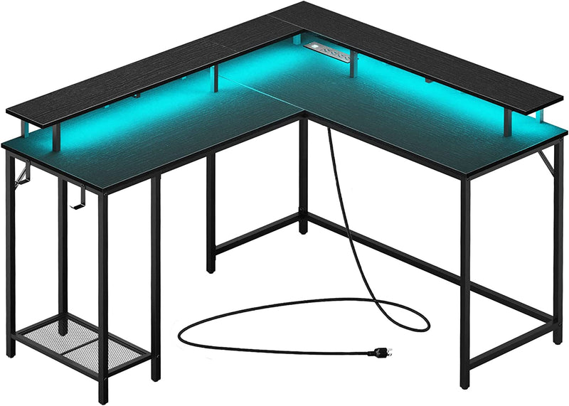 SUPERJARE L Shaped Computer Desk with Power Outlets & LED Strips, Reversible Corner Desk with Monitor Stand & Storage Shelf, Home Office Desk Gaming Desk with Hooks, Black Home & Garden > Household Supplies > Storage & Organization SUPERJARE   