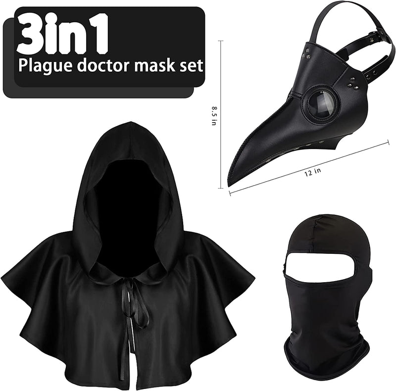 Halloween Plague Doctor Mask Plague Doctor Costume Obito Mask Steampunk Halloween Mask Horror Scary Halloween Mask Costume Props for Party Prom Halloween Gifts Set（3-Pc Set） (Black), 12 Inches  N\C   