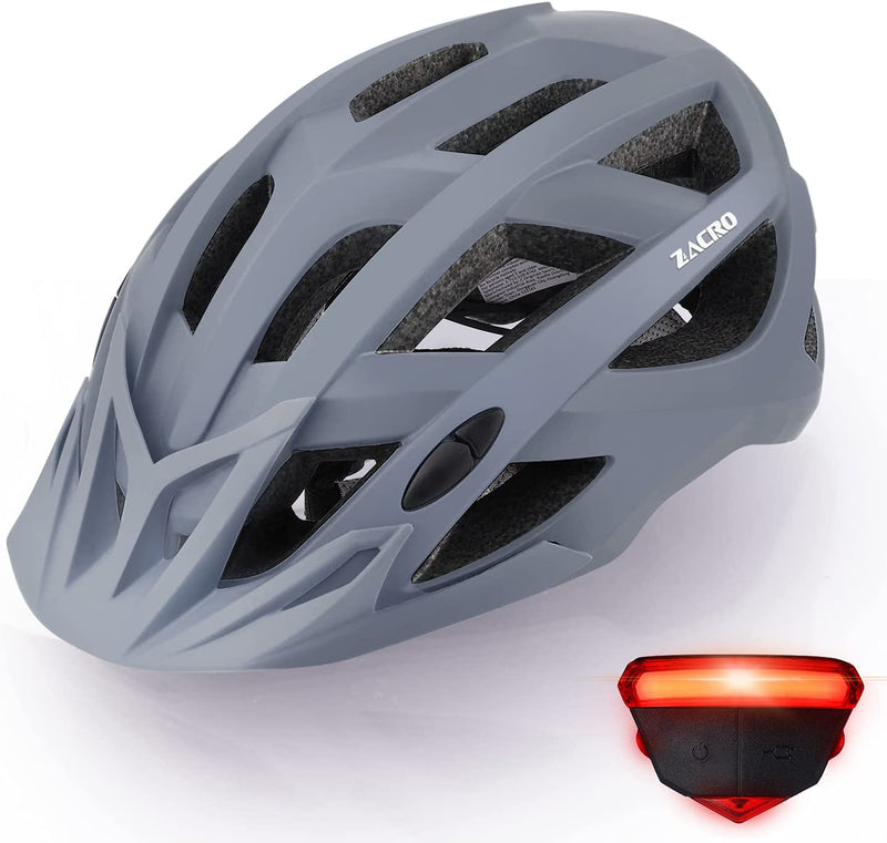 Zacro Adult Bike Helmet with Light - Adjustable Bike Helmets for Men Women Youth with Replacement Pads &Detachable Visor, Lightweight Cycling Helmet for Commuter Urban Scooter MTB Mountain &Road Biker Sporting Goods > Outdoor Recreation > Cycling > Cycling Apparel & Accessories > Bicycle Helmets Zacro Matte Gray  
