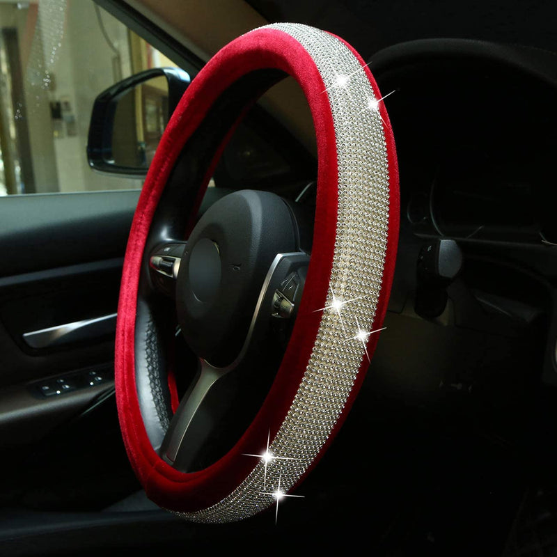 Diamond Bling Steering Wheel Cover for Women Girls, Car Crystal Sparkly Leather Steering Wheel Protector Interior Accessories (Red, Standard Size[14 1/2''-15''])